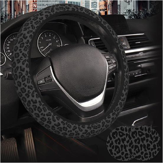 Car Steering Wheel Cover With 2 Pcs Ceramic Absorbent Cupholder Coasters, Black Leopard Cheetah Print Car Accessories Decorations For Women, Fit 15