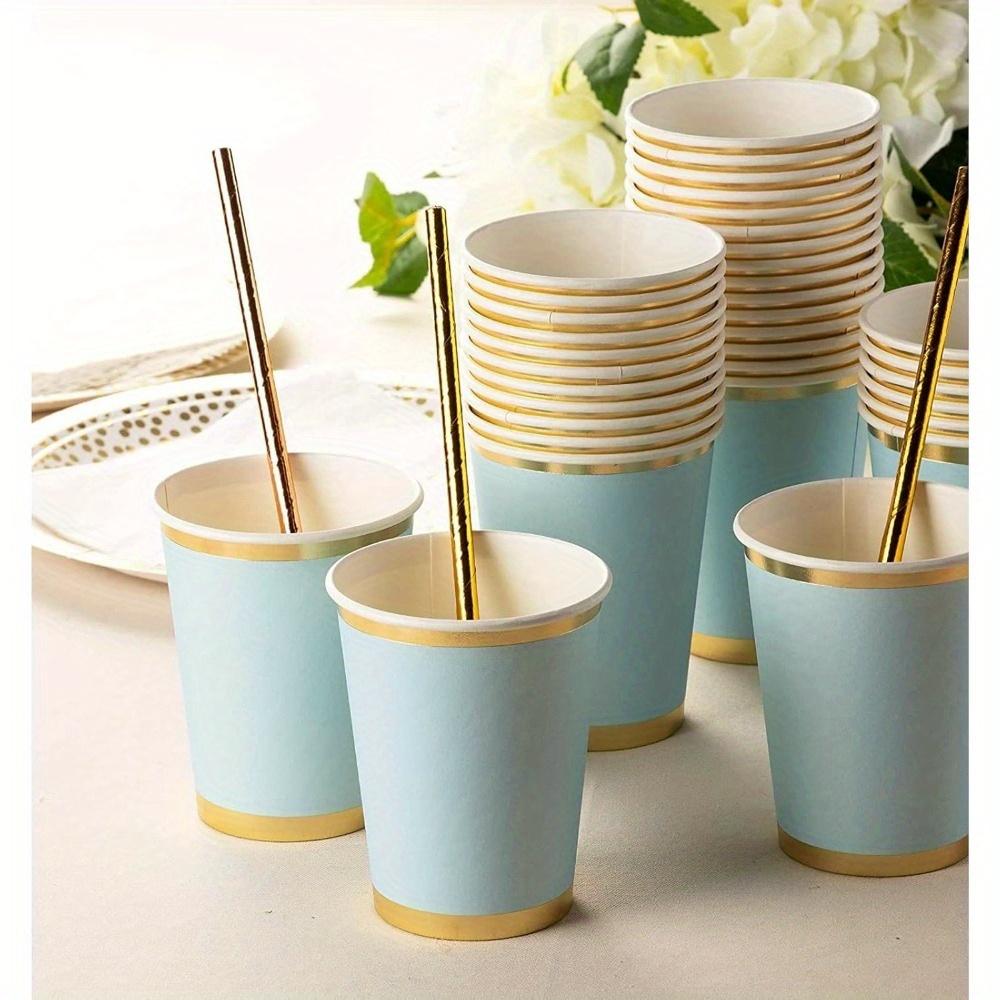 16pcs Light Blue Paper Cups - Blue Disposable Cups 9.5 Oz Golden Blue Paper Cups with Sparkly Golden Foil Border Disposable Paper Cups