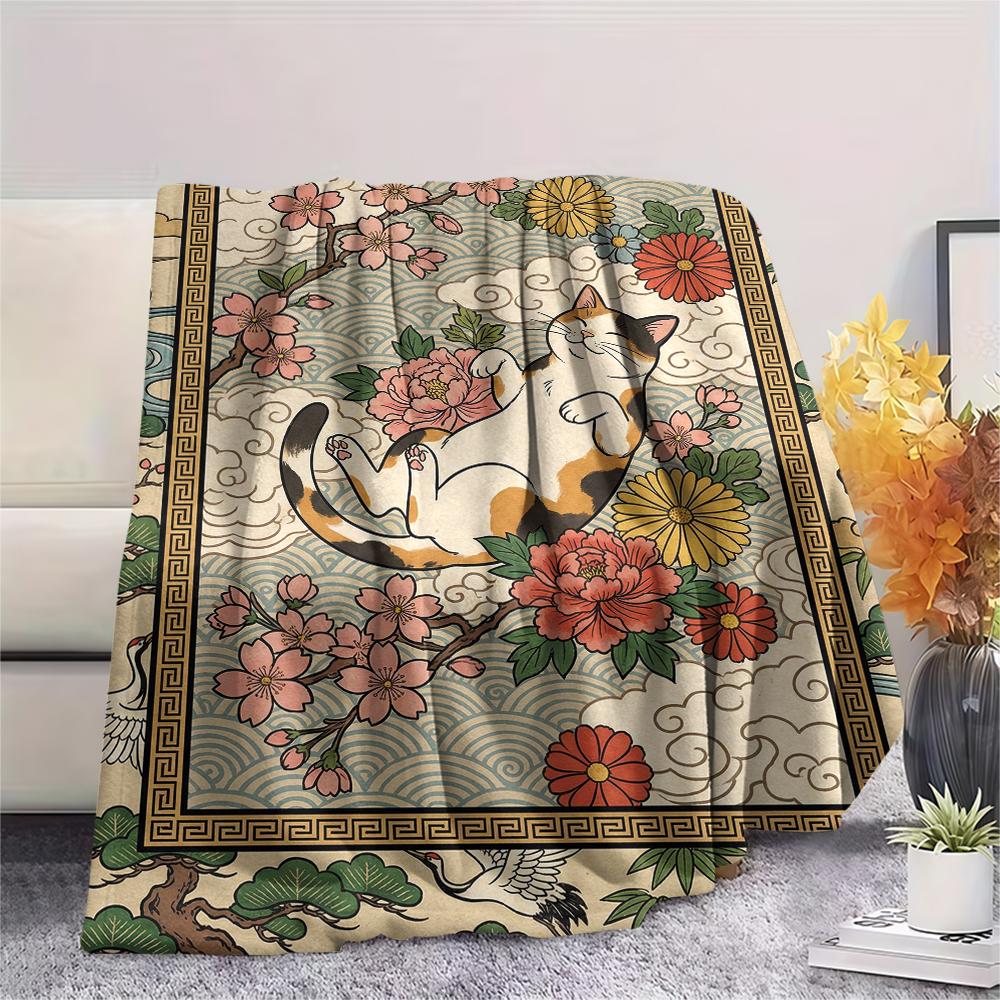Cat Flower Print Flannel Blanket, High quality Comfortable for All Seasons, Home Decor, Warmth and Comfort, Perfect for Christmas Gifts43