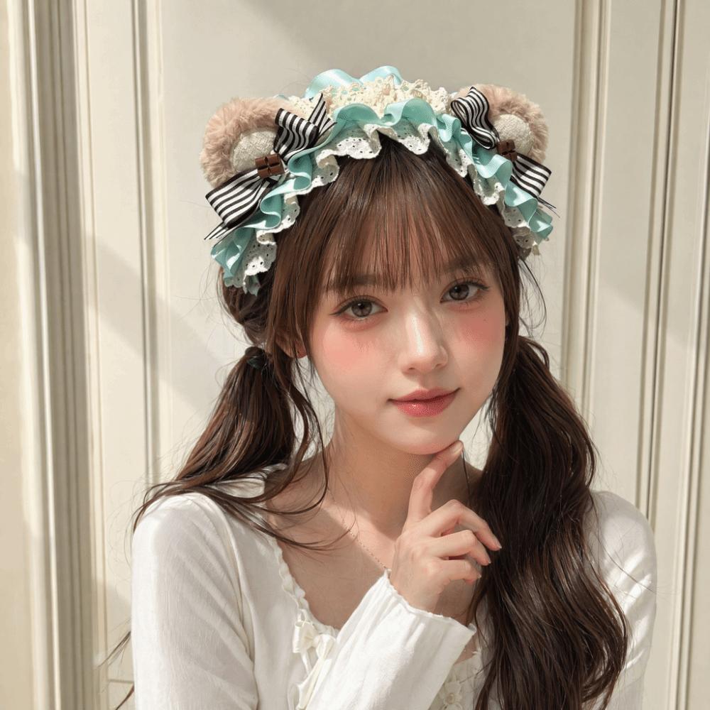 Sweet Lolita Hair Hoop Lace Bow KC Girl Hair Accessory Bear Ear Cookies Headband  Hair Styling