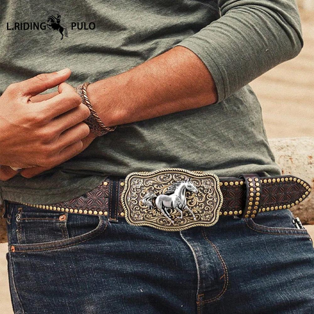 Cintura Western in Denim Tendenza Retro Gioventù Punk Rilievo Uomo Borchie Pelle Cintura