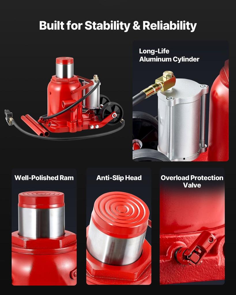 Air Hydraulic Bottle Jack, 50 Ton (110231.5 Lbs) Capacity, 265-410 Mm Lifting Range, Pneumatic/Manual Heavy Duty Welded Bottle Jack with Pump for SUV,