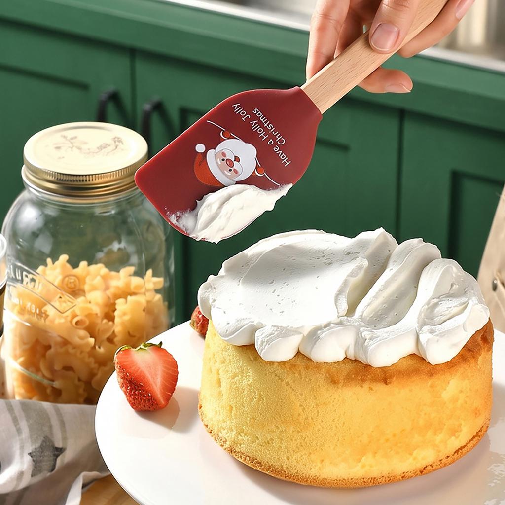 1pc Silicone Wooden Handle Baking Scraper, Christmas, Cake Cream Spatula, Household Non Stick Holiday Kitchen Utensils.