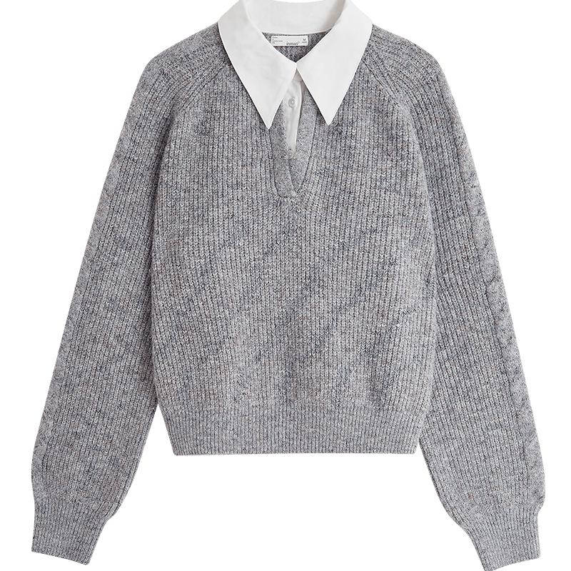 

INMAN Women s Faux Two-Piece Floral Color-Block Collared Knit Sweater L