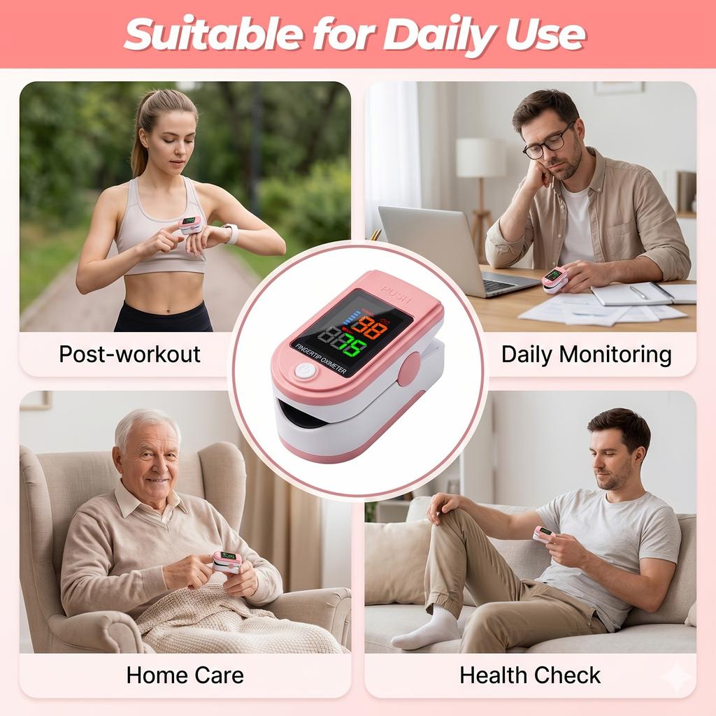 Pink Fingertip Pulse Oximeter Blood Oxygen Monitor Measure Heart Rate Breathing Rate SpO2 LED Display for Family Work Travel2