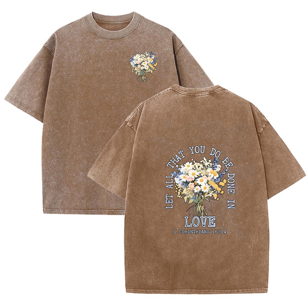 Men Women Vintage Washed Floral T-Shirt Boho Flower Bouquet Letter Graphic Crew Neck Short Sleeve Shirt Top