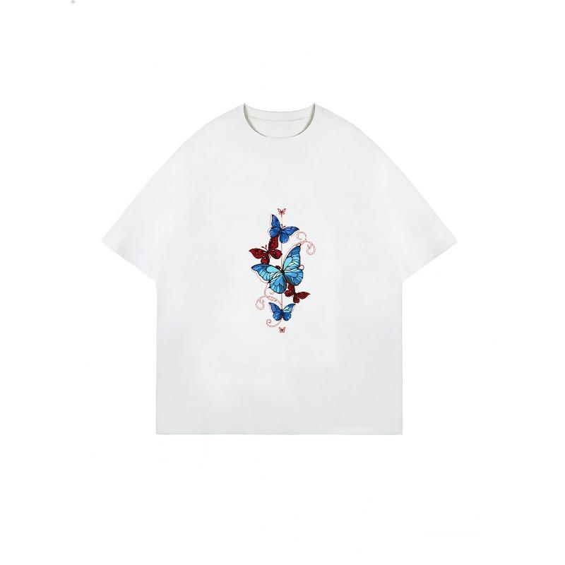 Butterfly Print T Shirt White Blue And Red Butterflies Design Casual Wear For Women Summer Outfit Fashion Top