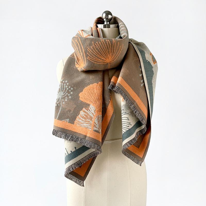 Imitation cashmere double-sided soft fringed shawl scarf high-end sense ginkgo biloba intellectual literary and artistic winter warm scarf women