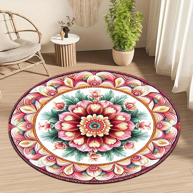 Lotus flower and mandala totem Flannel-printed round floor mats are slip-resistant Suitable living room terrace garden carpets