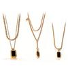 Vintage Stacked Wind Double-Layer Oval Black Agate Pendant Necklace Gold-Plated Square Black Zirconium Collarbone Chain