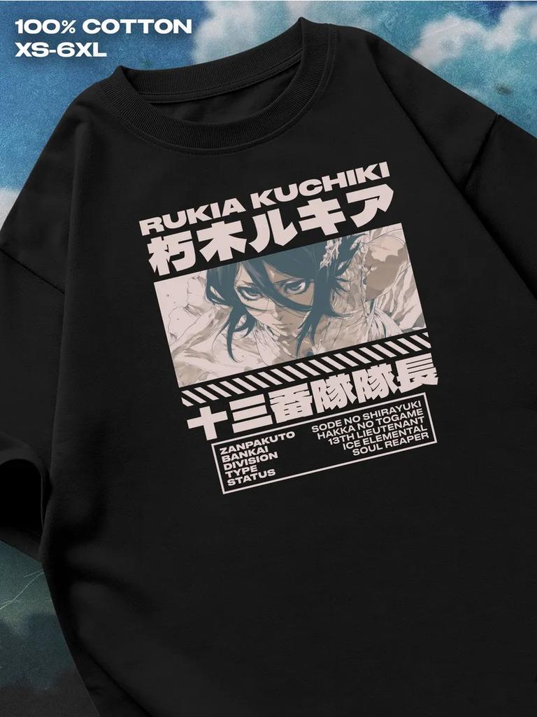 Bleach Rukia Kuchiki schwarzes T-Shirt Herren T-Shirt Damen T-Shirts mit Buchstabenaufdruck Kurze Ärmel T-Shirt Lässiges Street T-Shirt Top