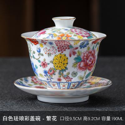 Palace Style Enamel Filigree Covered Ceramic Kung Fu Set Retro Three Talents Offering Handmade Carved Tea Bowl