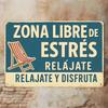Vintage Spanish Humor Metal Wall Sign  Relax In the StressFree Rest Area  Retro Cafe Decor with Turquoise Background  He