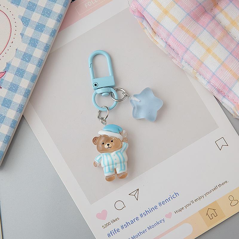 Cute Pajama Bear Keychain Kawaii Resin Teddy Key Chain With Star Charm For Girls Bag Purse Decoration