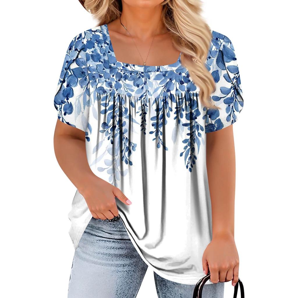 Women's Fashion Casual Printed Square Neck Short Sleeve Large Size T-Shirt Top