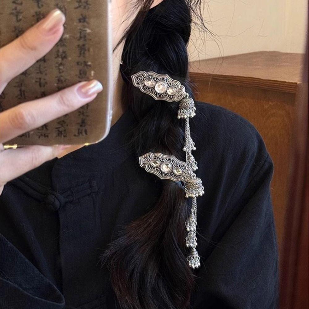 Crystal Turquoise Tassel Bell Hair Clip Vintage Chinese Style Hair Accessories  Women