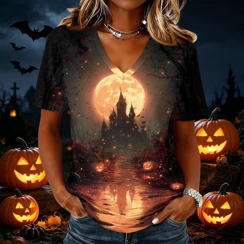 Damska casualowa koszulka z krótkim rękawem i dekoltem w serek, pulower z nadrukiem na Halloween, koszulka z grafiką o tematyce Halloween