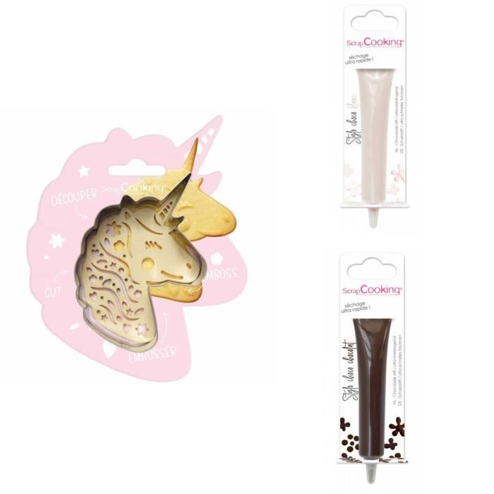 Kit pour biscuit en relief Licorne + 2 Stylos au chocolat blanc et marron