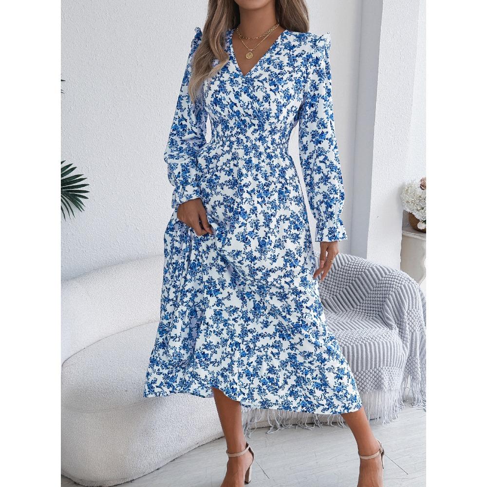 Women's Elegant Floral Cross V-Neck Waist Ruffle Long Dresses