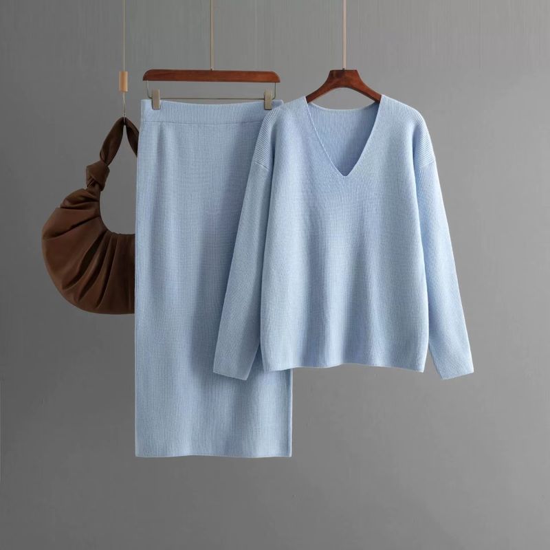 Fashion Wind V Neck Loose Knitting Sweater Skirt Suit V-Neck Sweater and Skirt Set