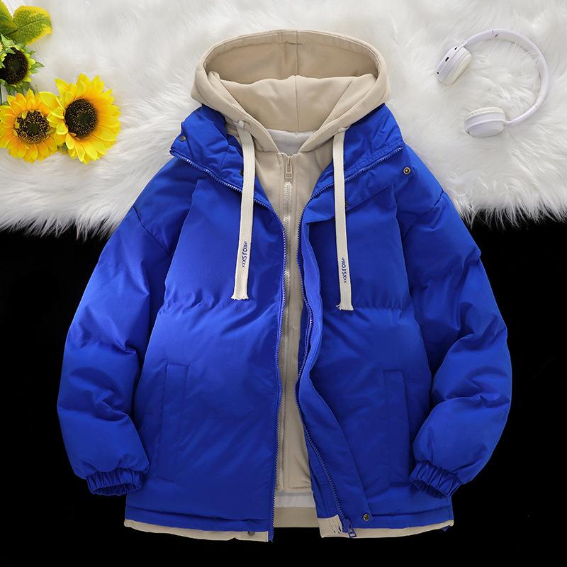 Fashion brand fake two-piece cotton coat for men and women, autumn and winter trendy loose casual thickened warm cotton coat hooded jacket