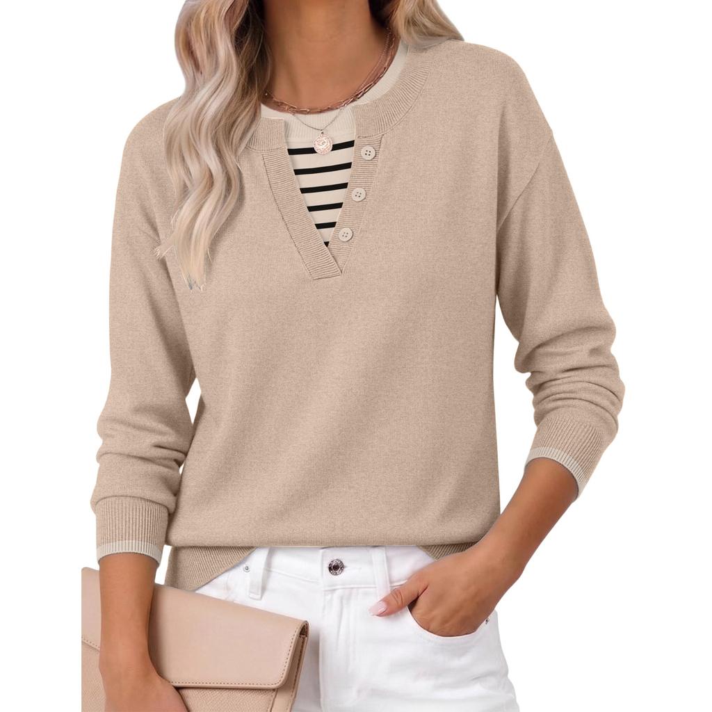 Women's Fashion Casual Long Sleeve V Neck Knit Sweater Top for Fall and Everyday Wear