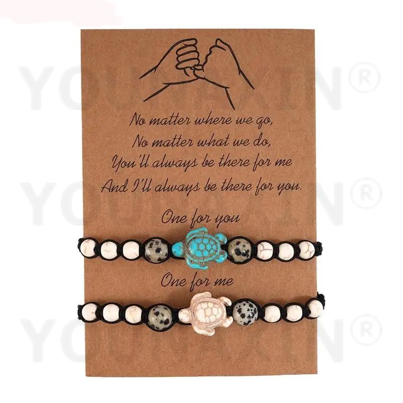 2Pcs Turtle Charm Braided Bracelet Set Turquoise Beaded Couple Bracelet Boho Vintage Adjustable Rope Bracelet