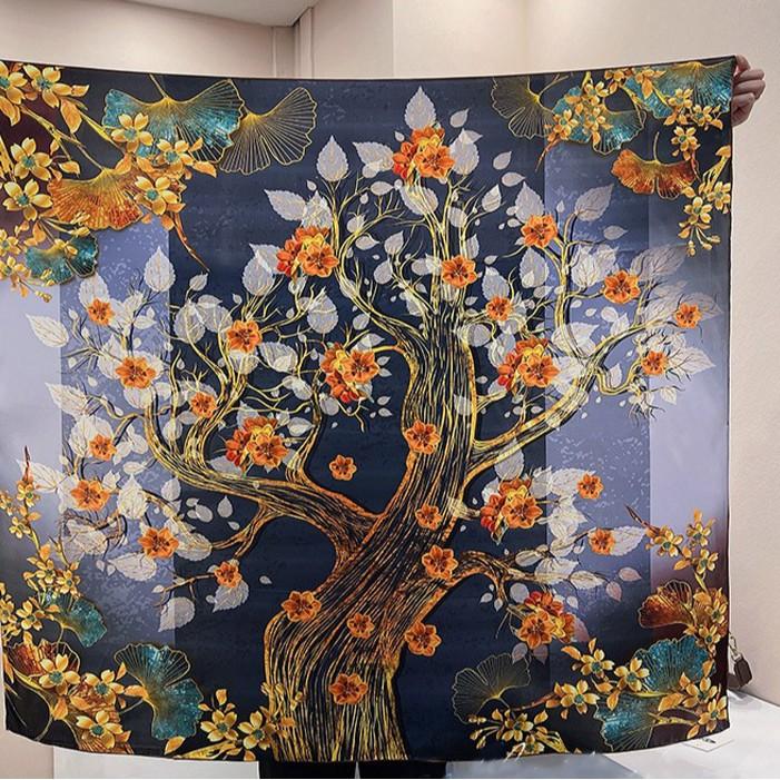 Bright Happiness Tree Silk Scarf Women'S Spring And Autumn Versatile 110 Satin Square Scarf Mulberry Silk Scarf Shawl