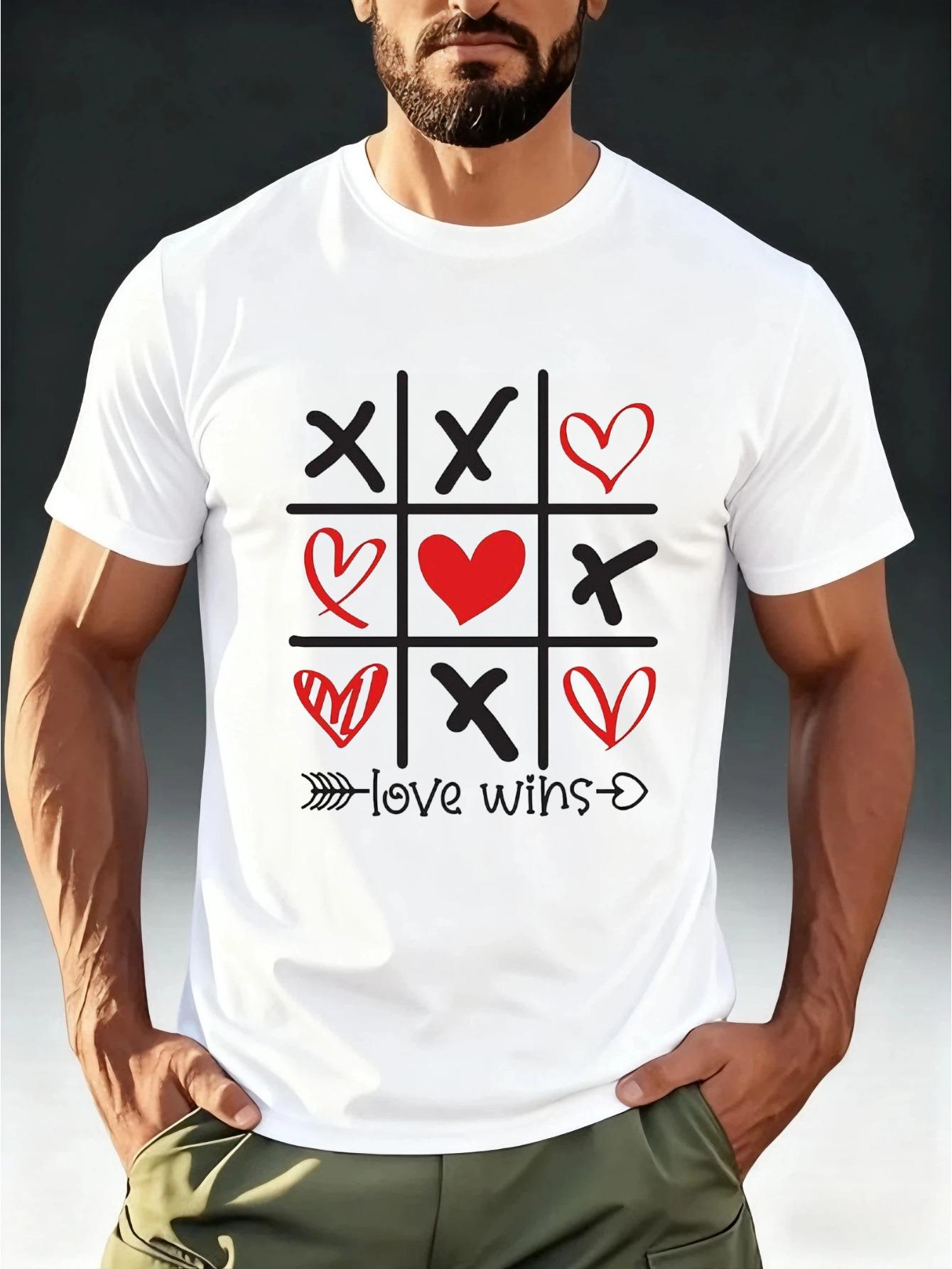 Men S Fashion T-Shirt with a Fun Valentine S Day Theme Featuring Tic Tac Toe Love Wins Heart Playful Print XL