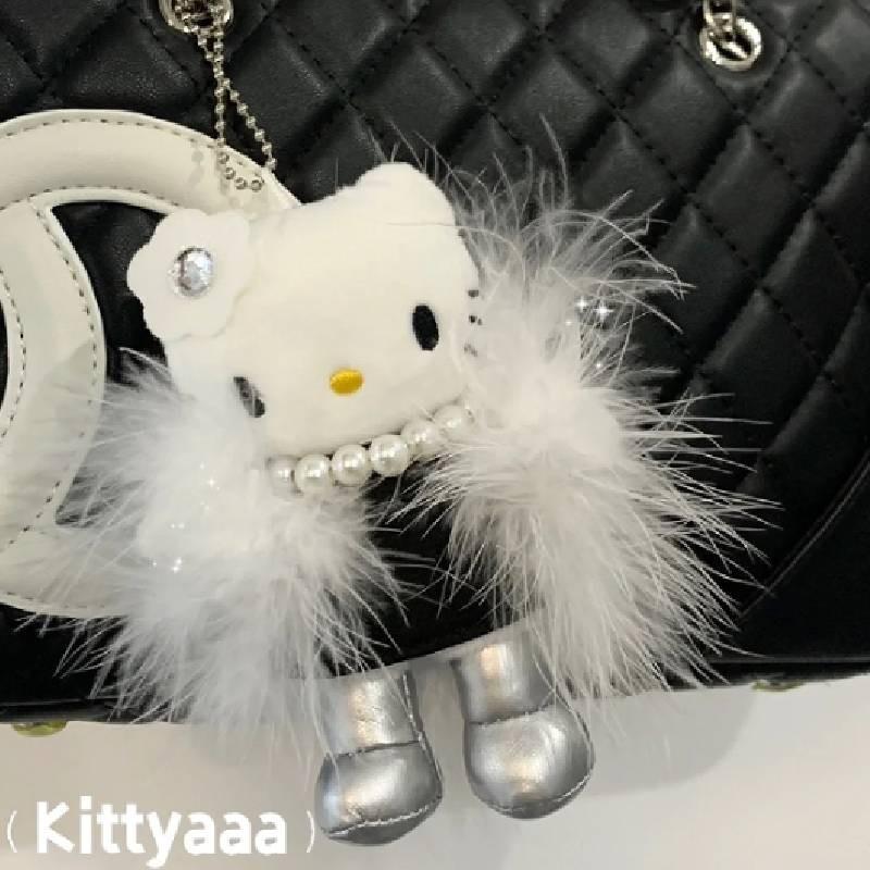 Adorable White Faux Fur Hello Kitty Plush Bag Charm Keychain Cute Cartoon Character Pendant Style A