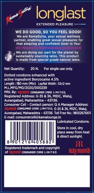 KamaSutra 40 Pcs Premium Condoms Longlast for Men with Dotted Texture Climax Delay (Pack of 2x20)