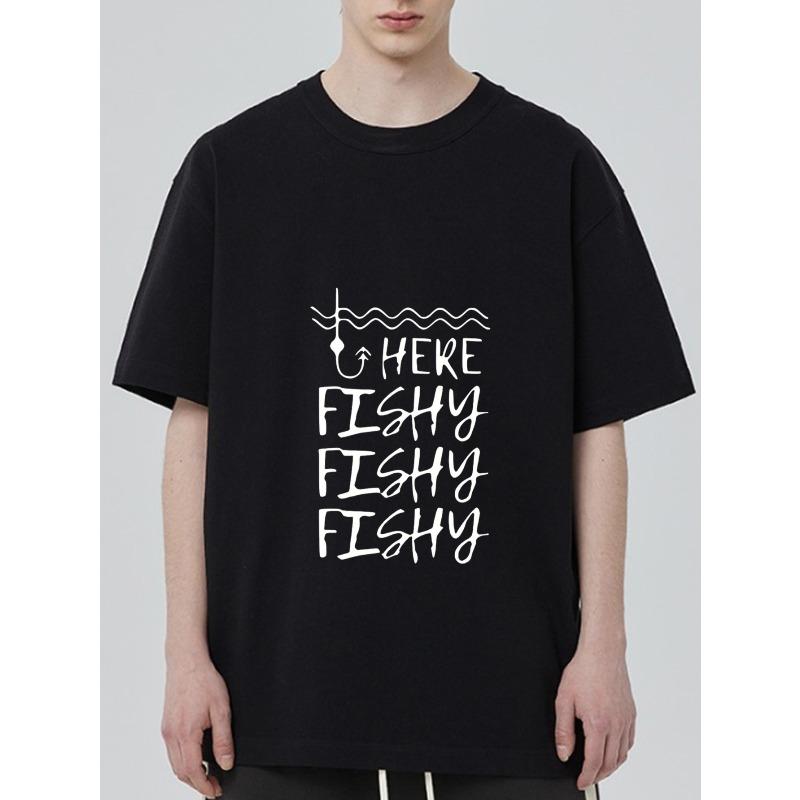 

Crew Neck T Shirt Black Here Fishy Fishy Fishy Fishing Hook and Waves Print Casual Wear for Men and Women XXXXL чёрный