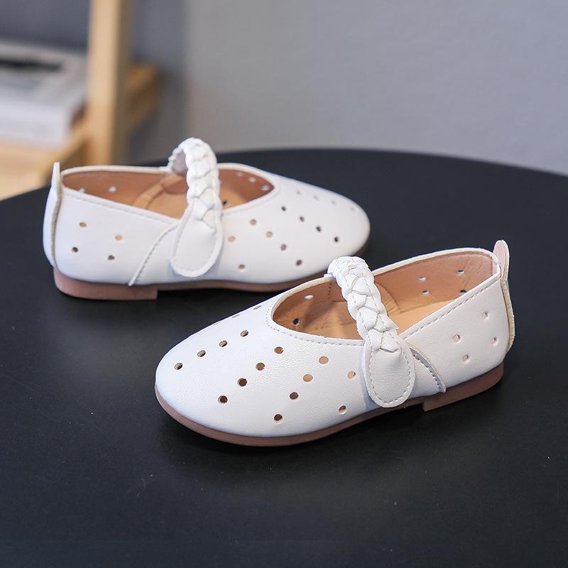 Girls Leather Shoes Spring Summer White Cut Out Versatile Kids Fashion Shallow PU Soft Casual Flats Shoes for School Hook & Loop