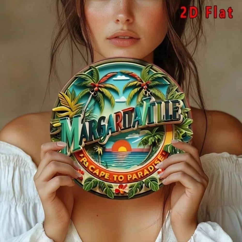 Metal Wall Art Vintage Aluminum Sign Round Decorative Plaque Margaritaville Paradise Cape Coastal Decor 2D Flat Single Piece