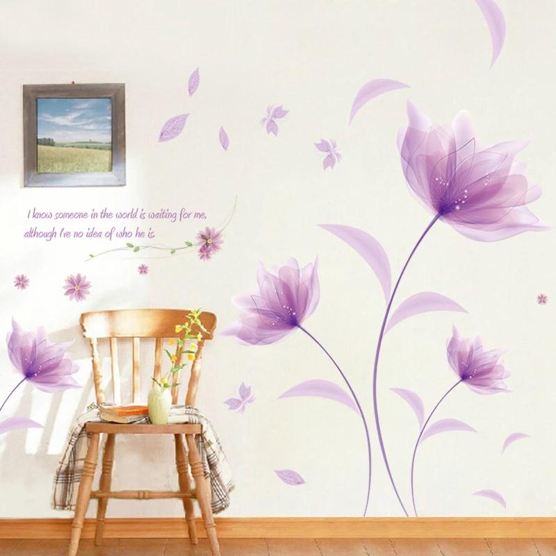 Neue Romantische Lila Blumen Wand Aufkleber Liebe Wohnzimmer Schlafzimmer für Home Decor Kunst Aufkleber Hintergrund Aufkleber Tapete Dekoration