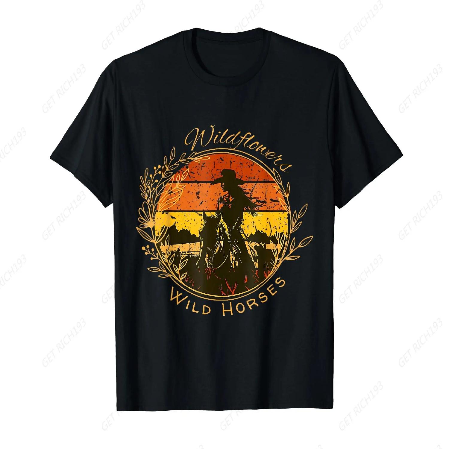 Wild Flowers And Wild Horses Vintage Sunset Country Cowgirl T-Shirt Cotton Short Sleeve S