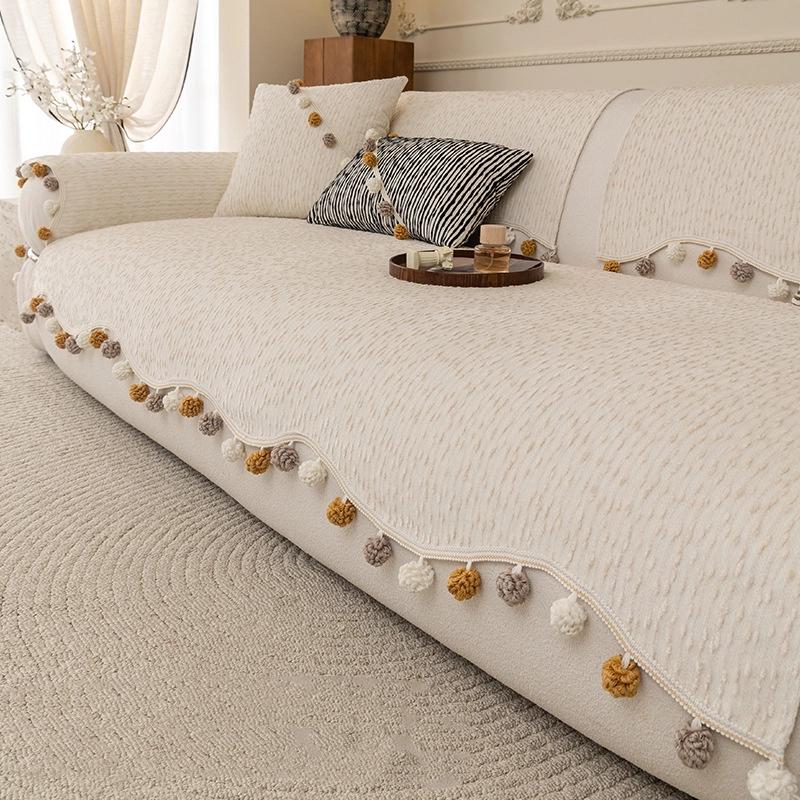 Cream Sofa Cover Universal Four Seasons Cat Scratch Resistant Non Slip Sofa Protector Decorative Couch Throw Blanket