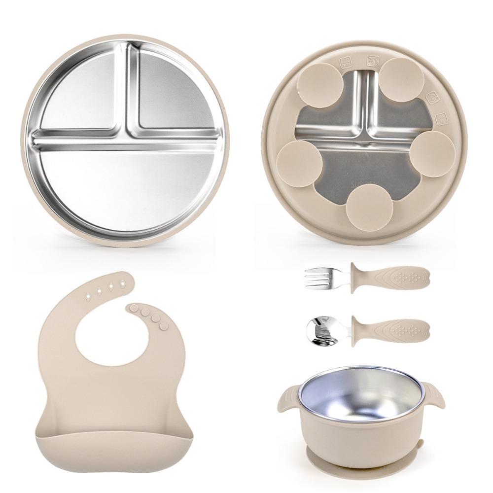 Compartment Plate Children s Tableware Set Divided Baby Plates Baby Feeding Set Weaning Training бежевый