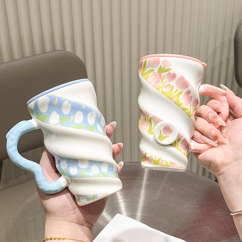 Small Fresh Ceramic Casual Cup with Lid Large Capacity and High Appearance Girls' Mug Cold Drink High Cup Milk Tea Cup