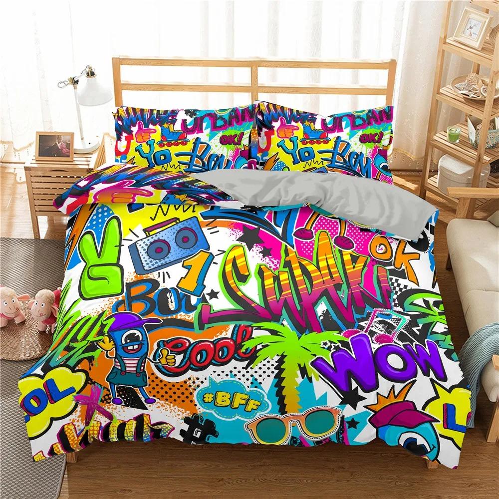 Fashion Bedding Set Cartoon Graffiti Polyester Duvet Cover Pillowcase Single King Double Full Queen Size Polyester Quilt Cover