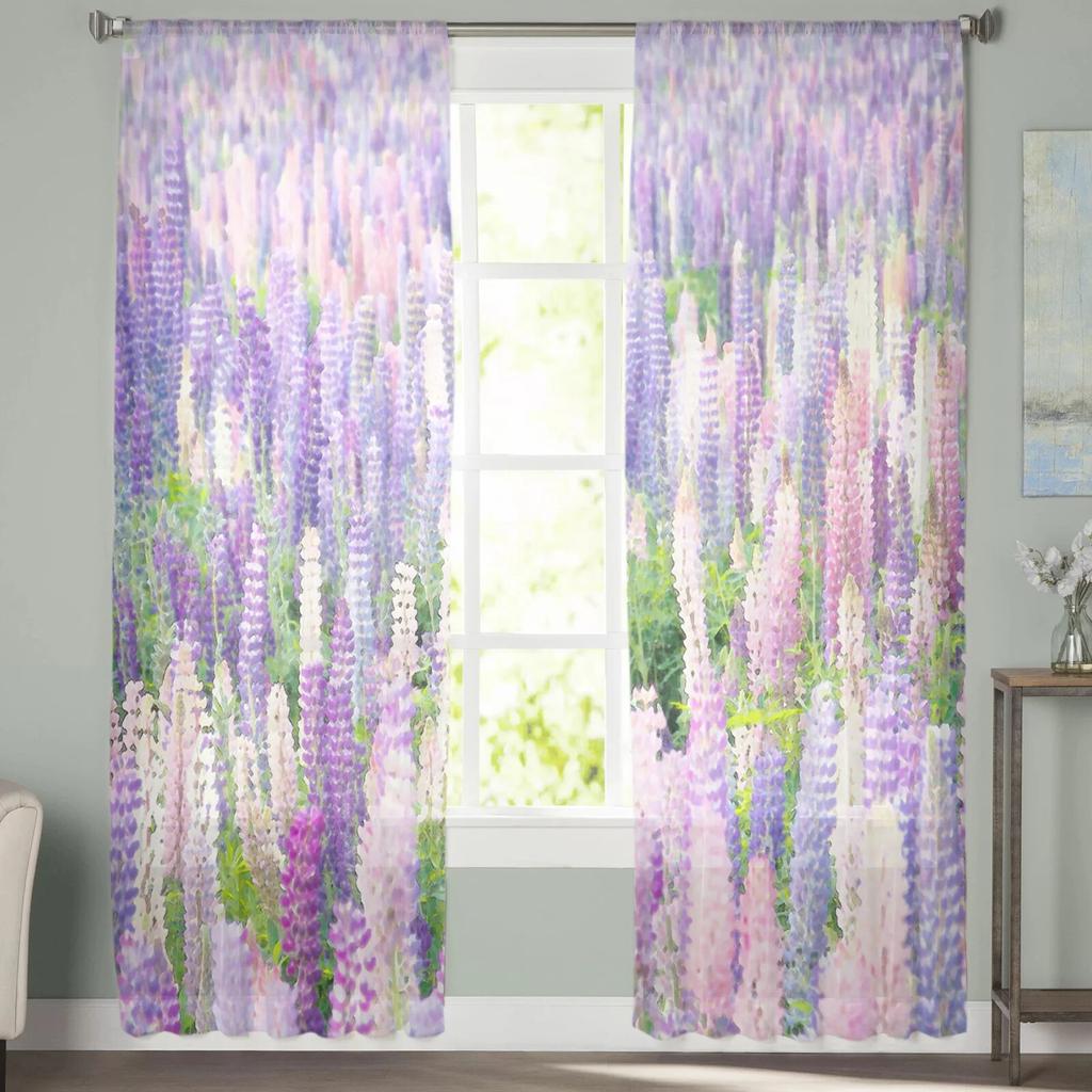 Floral Pattern Watercolor Lavender Tulle Curtains for Living Room Kitchen Bedroom Sheer Tulle for Cafe Hotel Modern Home Decor