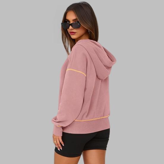 Women Short Sweatshirt Solid Color Long Sleeve Pullover Hooded Sweatshirt Loose Fit Zipper Half Placket Tops