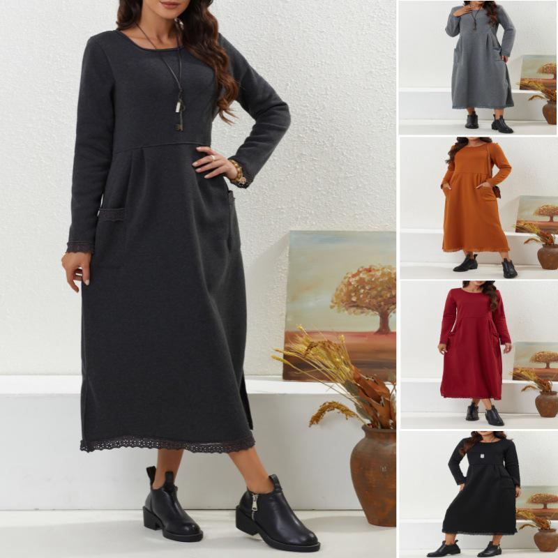 2023 Autumn Loose Plus Size Knit Lace Long Fleece Sweatshirt Dress