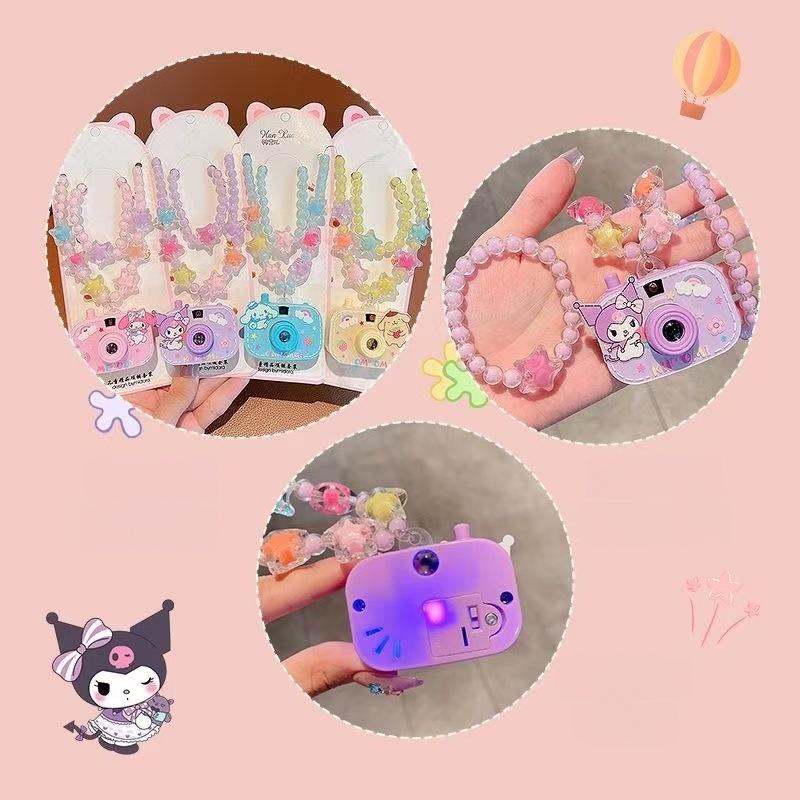 2Pcs Cute Glowing Toy Cartoon Sanrio Kuromi Children Projection Camera Beaded Necklace Bracelet Jewelry Girl Birthday Gift