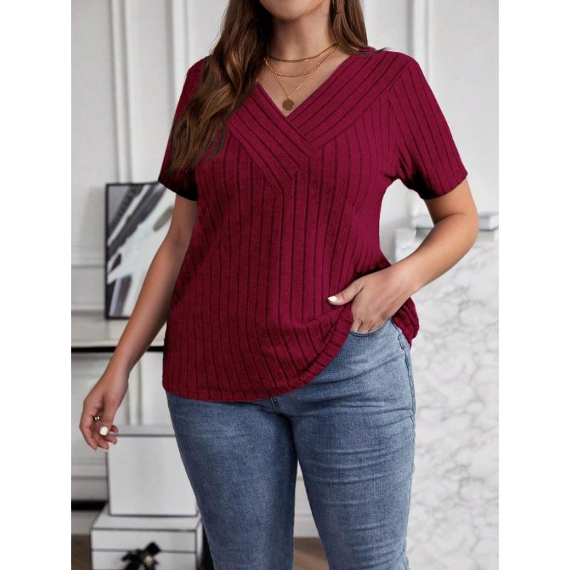 Summer Cross V-Neck Plus Size Short Sleeve Women Blouse Pit Strip Solid Color Top Fashion Loose Casual Elegant Simple T-shits Female Office Tee Shirts