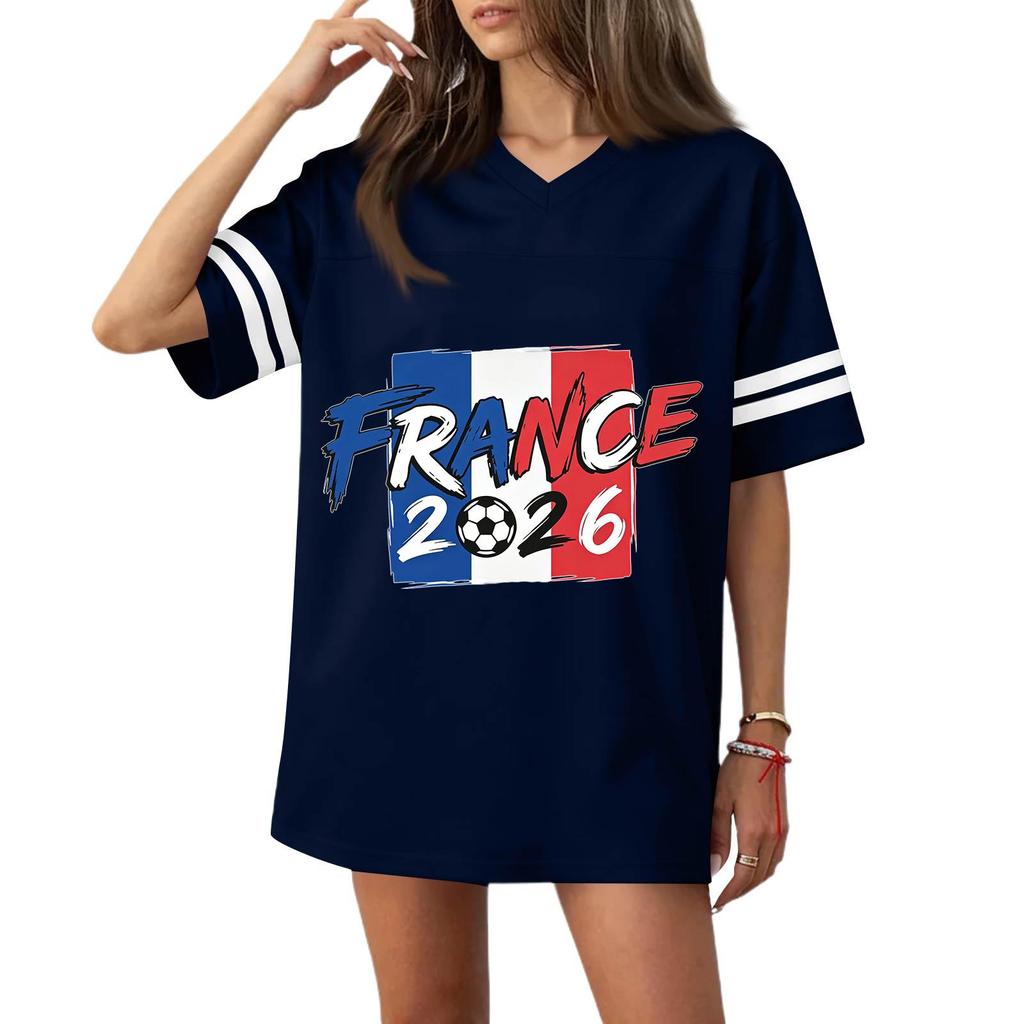 Women V Neck Short Sleeve Loose Fit Sports T Shirt with Flag Graphic and Number Print for Casual or Athletic Wear 2026