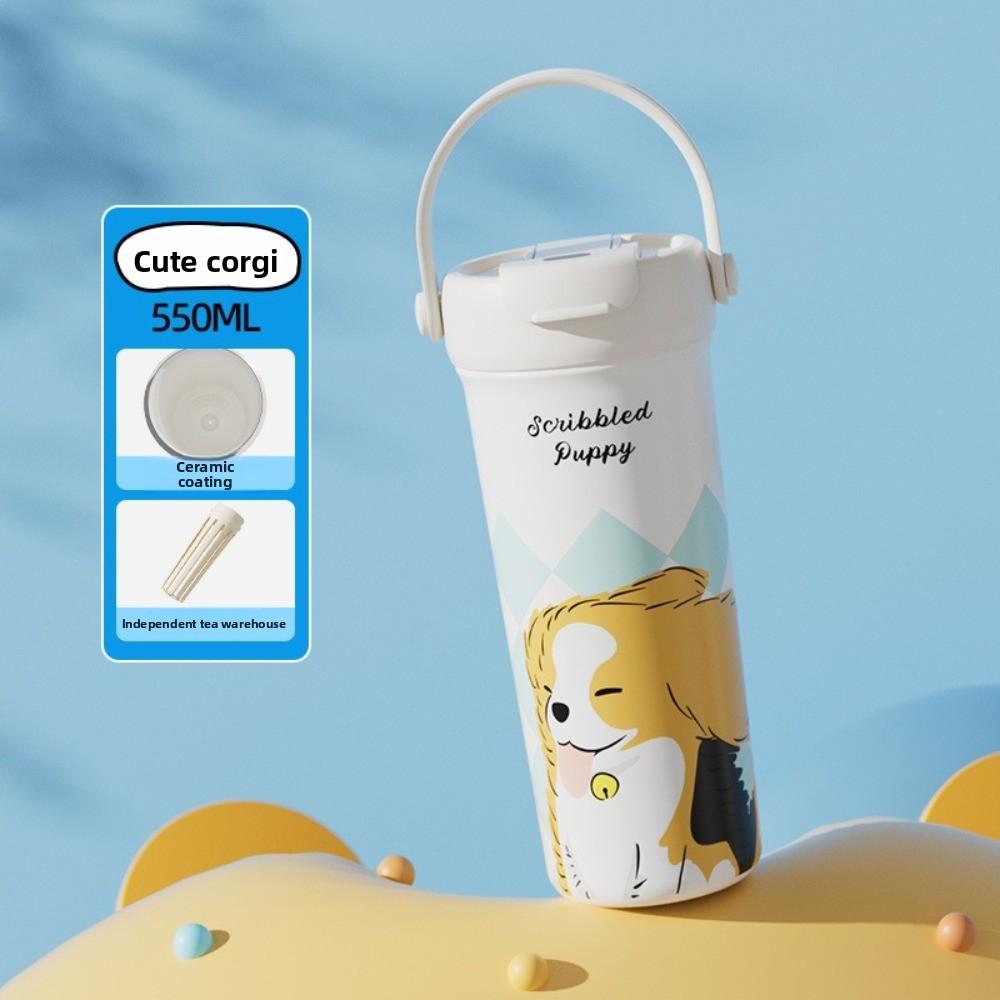 550ml Vacuum Tumbler Cartoon Cat Puppy Ceramic Inner Liner Insulated Cup Large Capacity Leak-proof Thermal Water Bottle Student