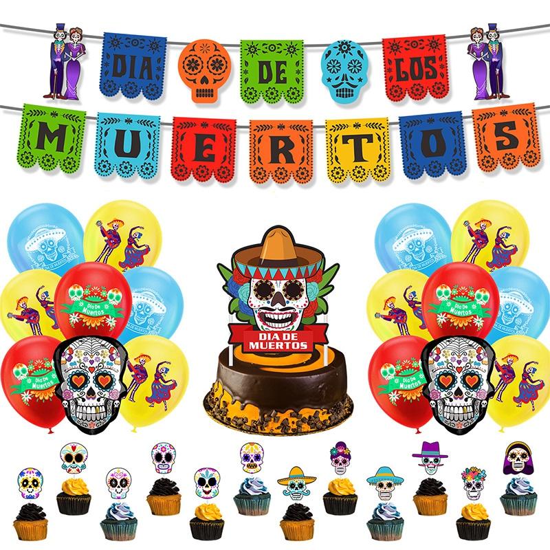 Mexican Day Of The Dead Party Decoration Pull Flag Banner Skull Head Banner Flag Cake Topper Halloween Wall Decoration