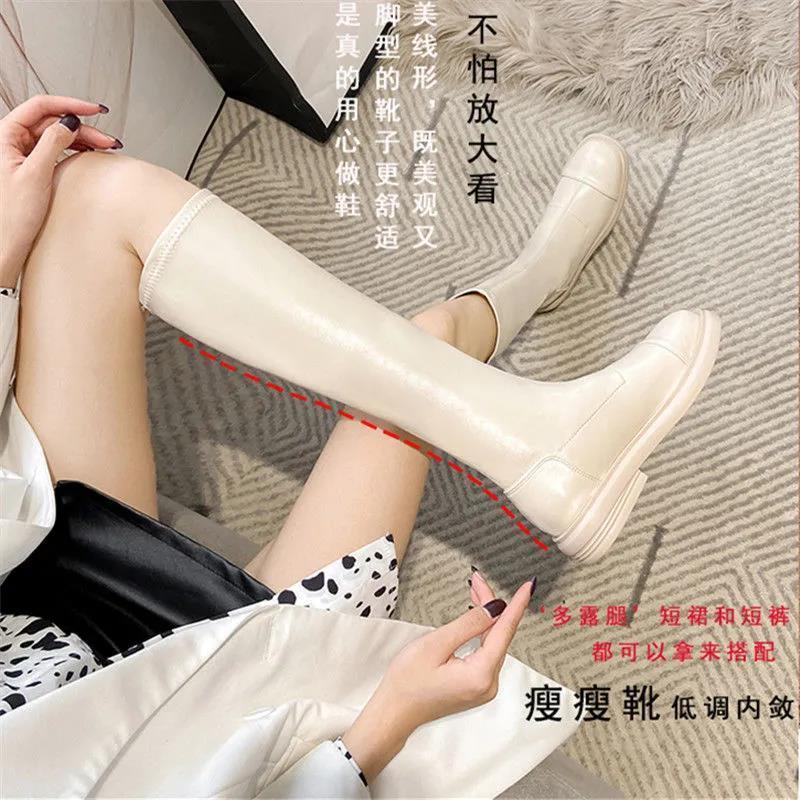 Martin Boots Women's 21 Autumn and Winter New Soft Leather British Style Knight Boots Long High Boots Fashionable and Thin But Knee Boots