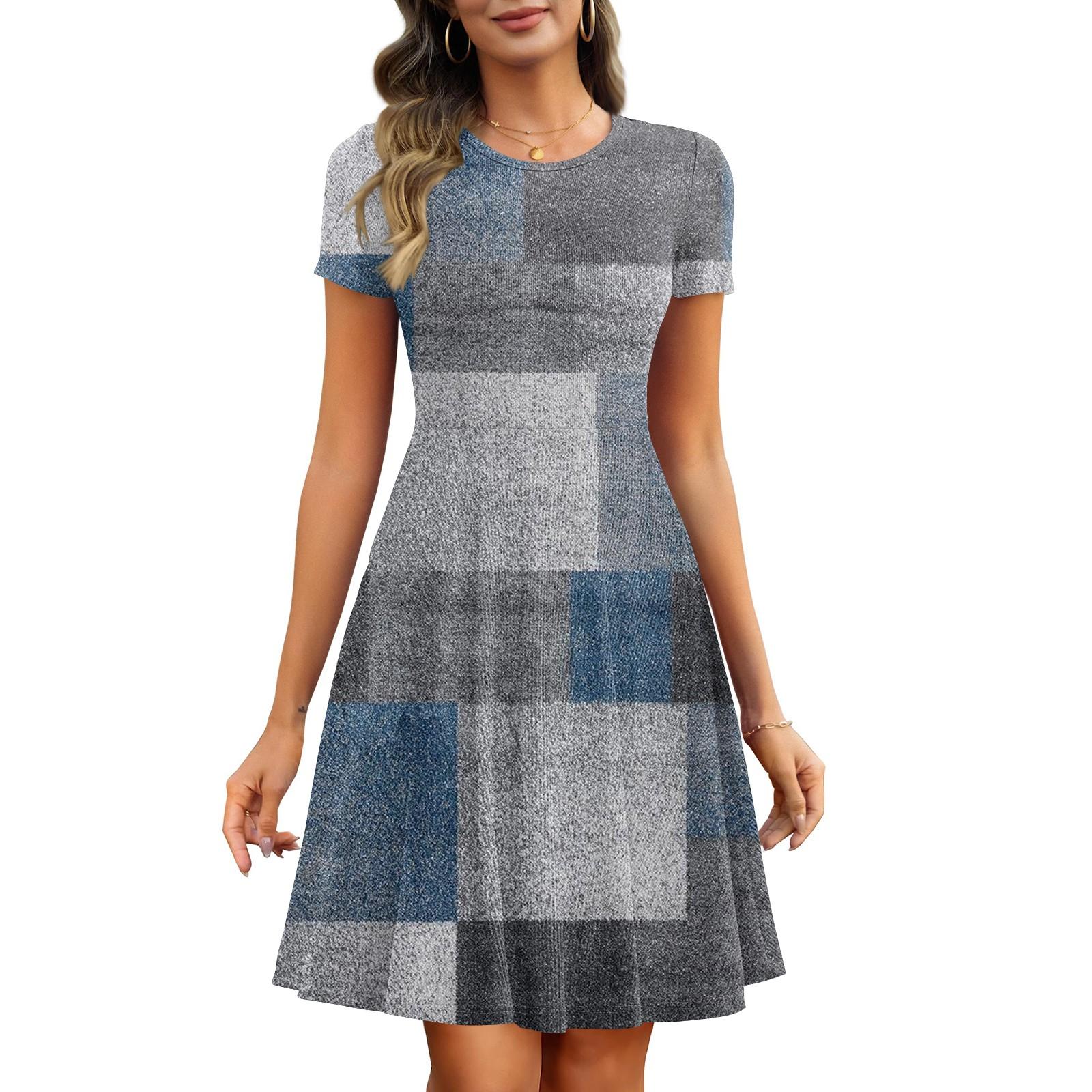 

Women s Summer Fashion Short Sleeve With Pocket Striped Patchwork Printed Ribbed Basic Dresses M синій